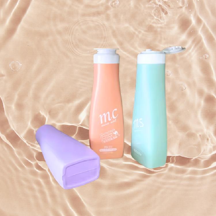 ขวดแชมพูพลาสติกทรงแบนฝาปิดแบบพับ สีม่วง/พีช/มิ้น ขนาด 500ml พิมพ์โลโก้กำหนดเอง