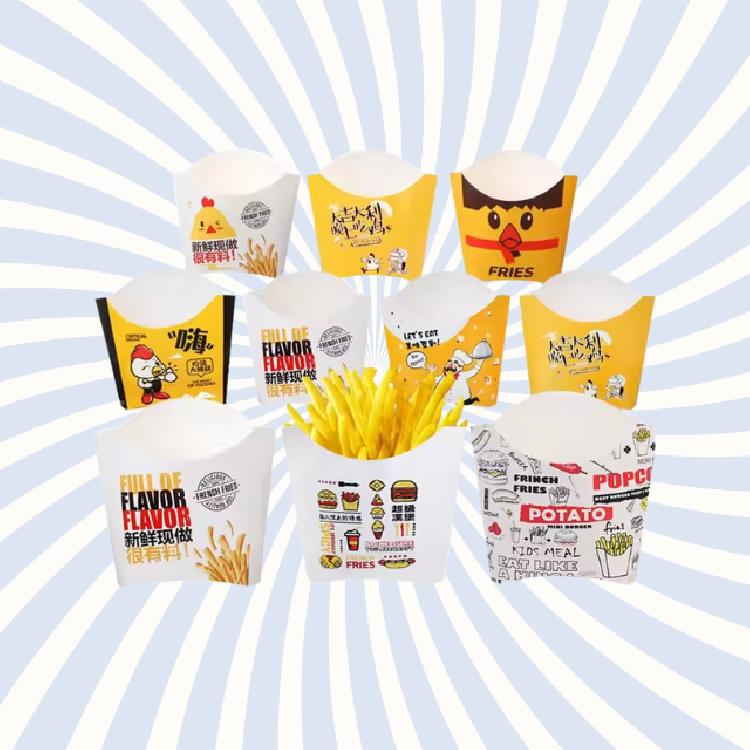 กล่องกระดาษบรรจุอาหารสำหรับfrench fries พิมพ์ลายและโลโก้กำหนดเองได้