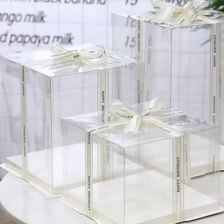 กล่องเค้กปอนด์ทรงสูงสี่เหลี่ยม พร้อมฝาปิดทรงสูงพลาสติก PET ใส พร้อมริบบิ้น
