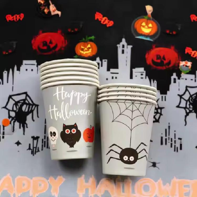 แก้วกระดาษแบบใช้แล้วทิ้งสำหรับเครื่องดื่มร้อนและเย็น ลาย happy halloween ขนาด 9 oz