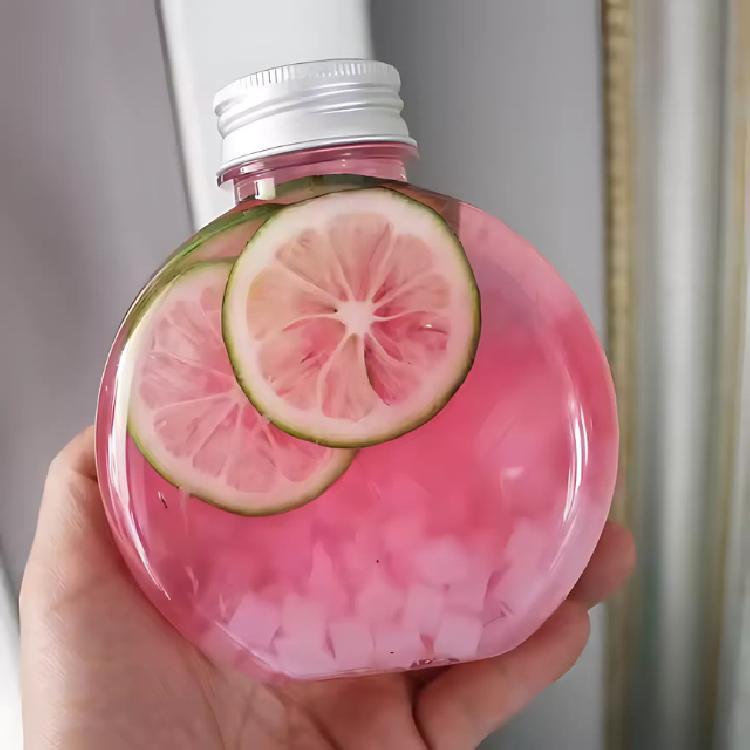 ขวดพลาสติกทรงกลมแบนฝาอลูมิเนียมแบบมีข้อความ ขนาด 300 ml.