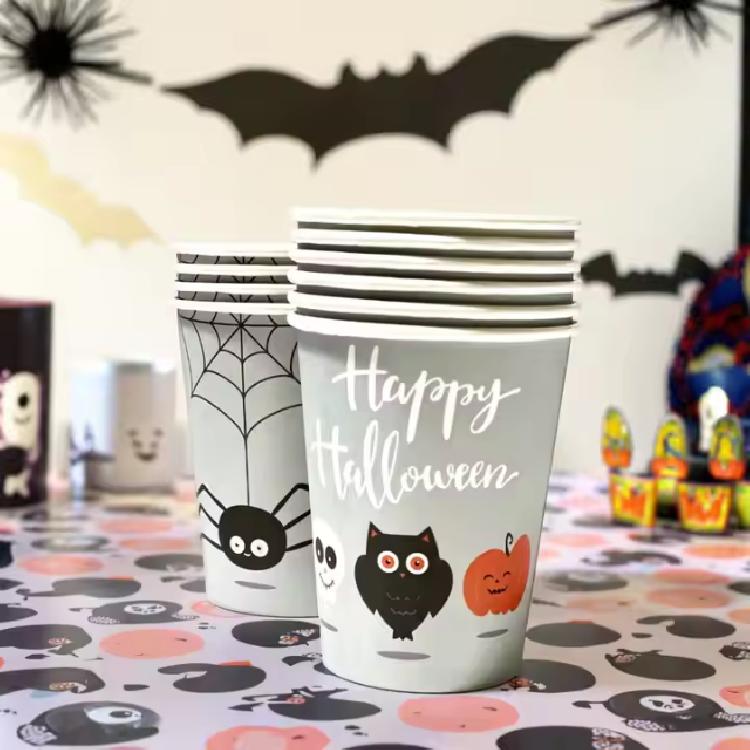 แก้วกระดาษแบบใช้แล้วทิ้งสำหรับเครื่องดื่มร้อนและเย็น ลาย happy halloween ขนาด 9 oz