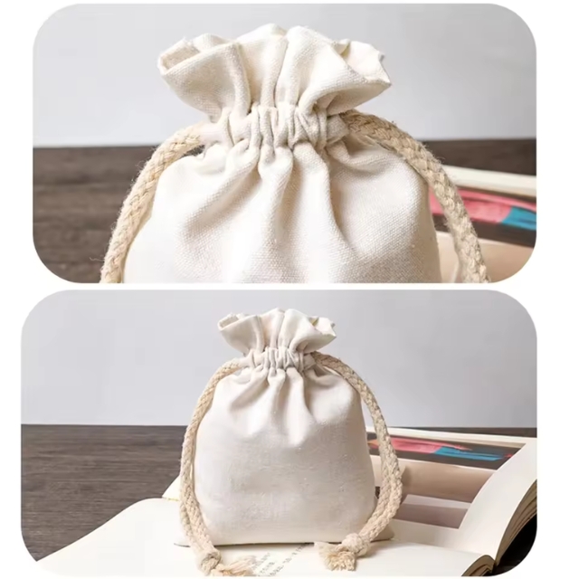 ถุงผ้าดิบมีหูรูด กระเป๋าผ้าหูรูด สีเบจ ขนาด  15*20/20*25/30*35/35*40 cm 