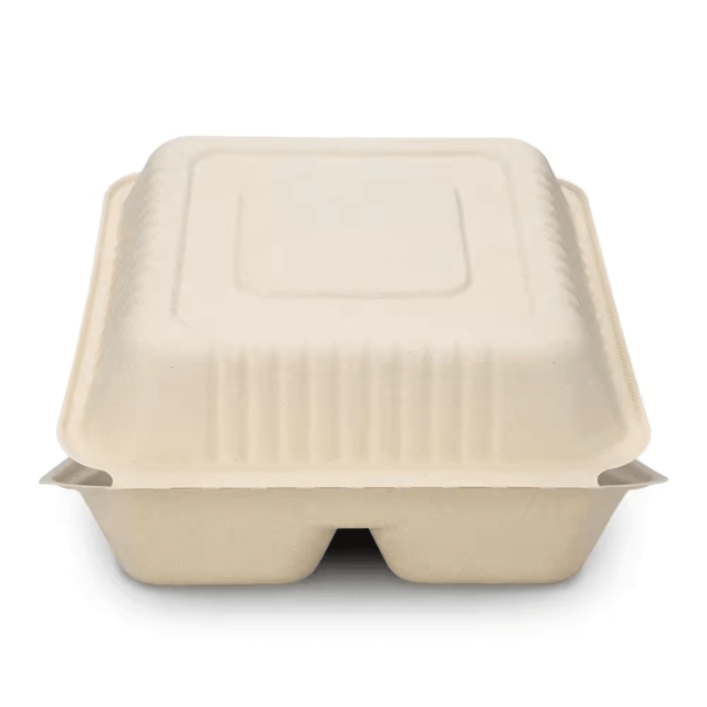 กล่องอาหารกระดาษฝาปิด กล่องอาหาร 3 หลุม  กล่องข้าวชานอ้อย สีครีม