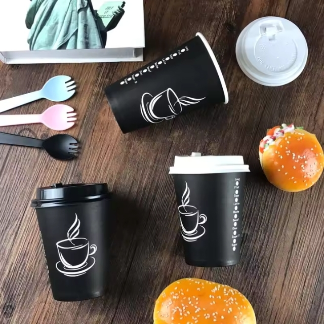 แก้วกาแฟร้อน แก้วกระดาษ แก้วกาแฟสีดำ พิมพ์ลาย และ ฝาปิด 8oz/12oz/14oz/16oz/22oz