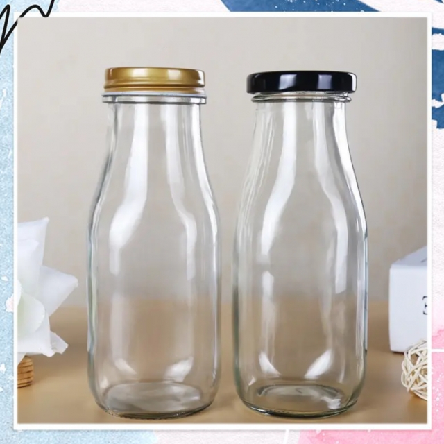 ขวดแก้ว ฝาเกลียวล็อคสีดำ ขวดสำหรับใส่นม น้ำผลไม้ น้ำเปล่า ชานม หนา 3 mm ขนาด 200/250/500 ml