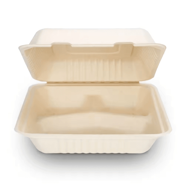 กล่องอาหารกระดาษฝาปิด กล่องอาหาร 3 หลุม  กล่องข้าวชานอ้อย สีครีม