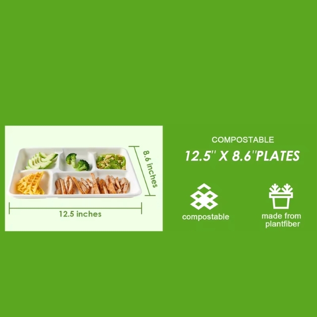 จานกระดาษ ถาดอาหารสี่เหลี่ยมผืนผ้า 5 ช่อง จานชานอ้อย ย่อยสลายได้ สีขาว 12.5นิ้ว