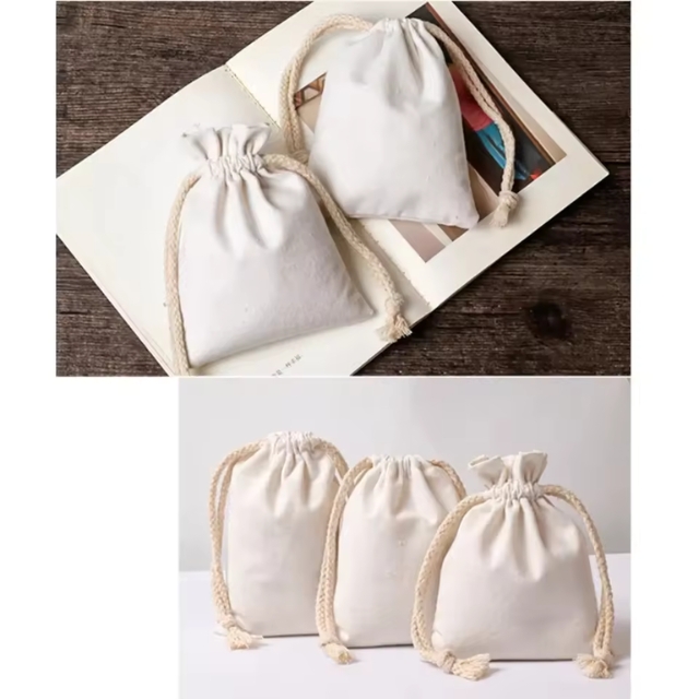 ถุงผ้าดิบมีหูรูด กระเป๋าผ้าหูรูด สีเบจ ขนาด  15*20/20*25/30*35/35*40 cm 