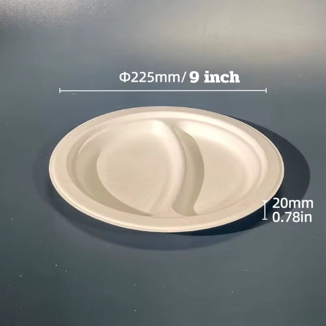 จานกระดาษ ถาดอาหาร 2 หลุม จานชานอ้อย ย่อยสลายได้ สีครีม 9นิ้ว