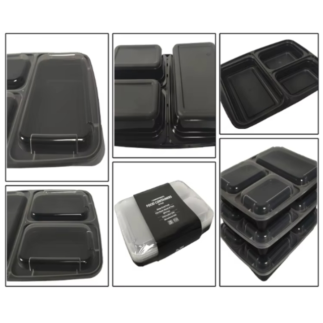 กล่องอาหารพลาสติก สี่เหลี่ยมผืนผ้า สีดำ