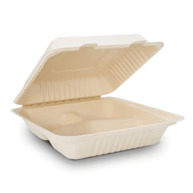 กล่องอาหารกระดาษฝาปิด กล่องอาหาร 3 หลุม  กล่องข้าวชานอ้อย สีครีม