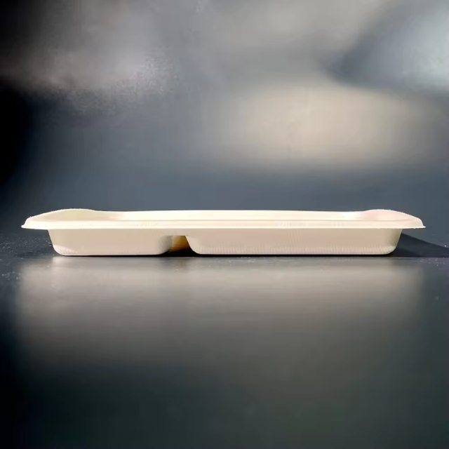 จานกระดาษ ถาดอาหารสี่เหลี่ยมผืนผ้า 5 ช่อง จานชานอ้อย ย่อยสลายได้ สีครีม 10.4นิ้ว