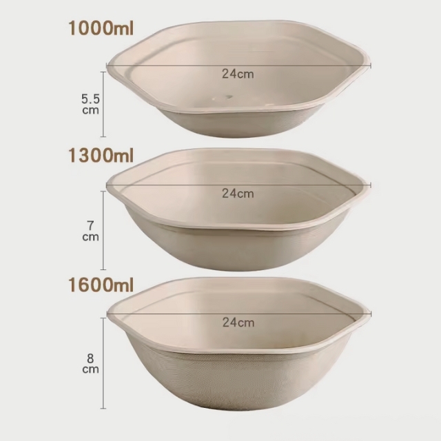 ชามกระดาษทรงหกเหลี่ยม ชามอาหาร สีครีม 1000ml/1300ml/1600ml