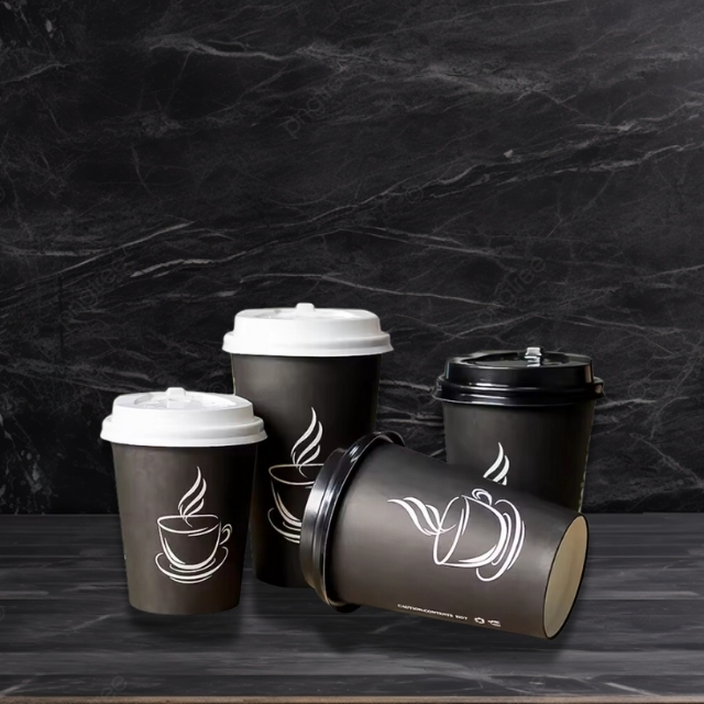 แก้วกาแฟร้อน แก้วกระดาษ แก้วกาแฟสีดำ พิมพ์ลาย และ ฝาปิด 8oz/12oz/14oz/16oz/22oz