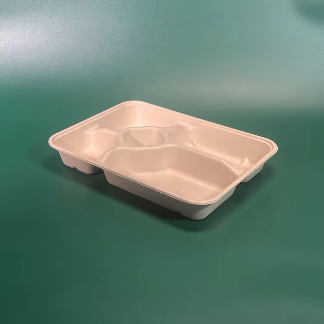 ถาดอาหารกระดาษ ถาดอาหารสี่เหลี่ยมผืนผ้า 5 ช่อง ย่อยสลายได้ สีครีม 11นิ้ว