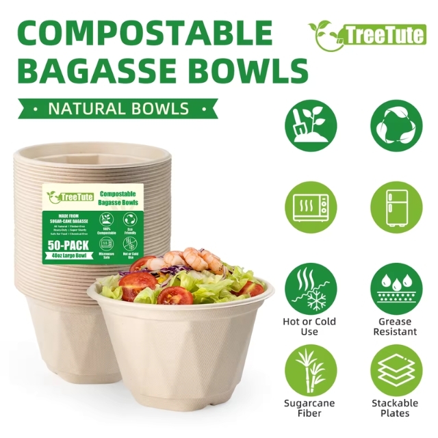 ถ้วยสลัด ชามสลัด ถ้วยอาหารทรงเพชร ถ้วยชานอ้อย ย่อยสลาย สีครีม 40oz