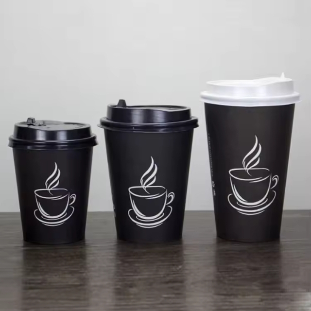 แก้วกาแฟร้อน แก้วกระดาษ แก้วกาแฟสีดำ พิมพ์ลาย และ ฝาปิด 8oz/12oz/14oz/16oz/22oz