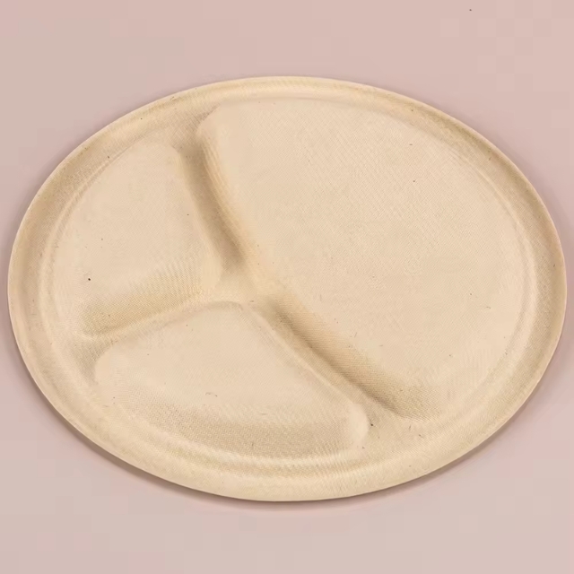 จานกระดาษ ถาดอาหาร 3 ช่อง จานชานอ้อย ย่อยสลายได้ สีครีม 9นิ้ว