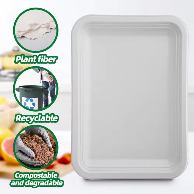 จานอาหารกระดาษสี่เหลี่ยม ถาดอาหารจานอาหารชานอ้อย ย่อยสลายได้ สีขาว 14นิ้ว