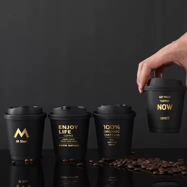 แก้วกาแฟร้อน แก้วกระดาษ แก้วกาแฟสีดำ พิมพ์ลาย และ ฝาปิด 8oz/12oz/14oz/16oz/22oz