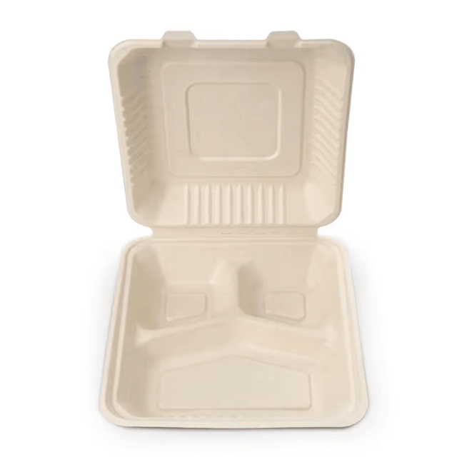 กล่องอาหารกระดาษฝาปิด กล่องอาหาร 3 หลุม  กล่องข้าวชานอ้อย สีครีม