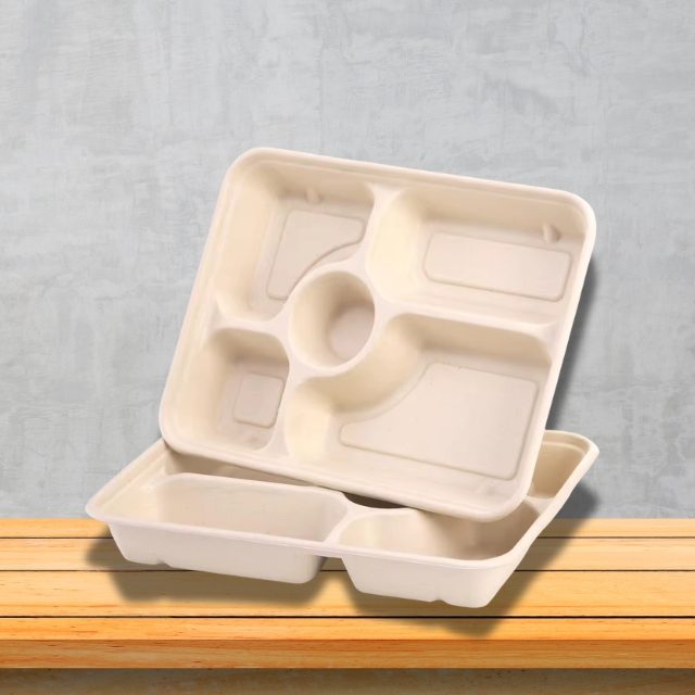 ถาดอาหารกระดาษ ถาดอาหารสี่เหลี่ยมผืนผ้า 5 ช่อง ย่อยสลายได้ สีครีม 11นิ้ว