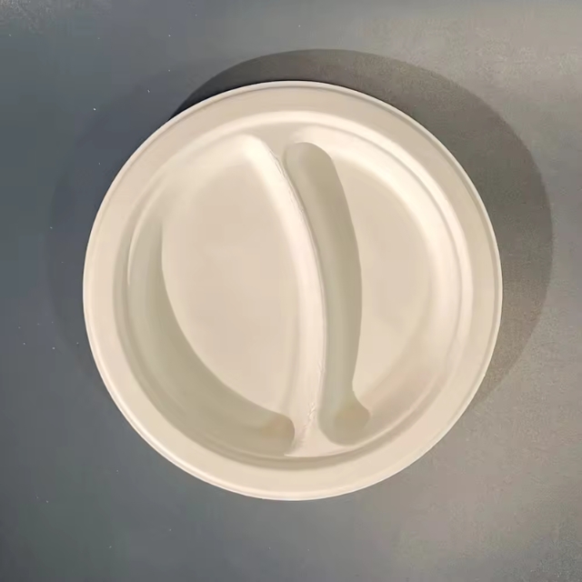 จานกระดาษ ถาดอาหาร 2 หลุม จานชานอ้อย ย่อยสลายได้ สีครีม 9นิ้ว