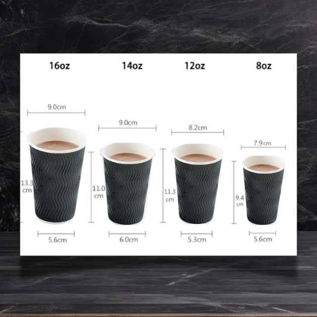 แก้วกาแฟร้อน แก้วกระดาษ แก้วกาแฟสีดำ ลายเส้น 8oz/12oz/14oz/16oz