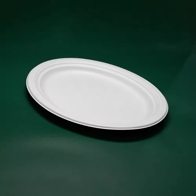 จานอาหารกระดาษ จานอาหารวงรี จานอาหารชานอ้อย ย่อยสลายได้ สีขาว 12.5นิ้ว
