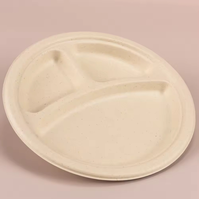จานกระดาษ ถาดอาหาร 3 ช่อง จานชานอ้อย ย่อยสลายได้ สีครีม 9นิ้ว