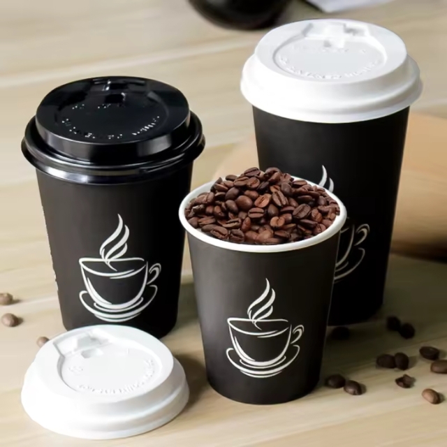 แก้วกาแฟร้อน แก้วกระดาษ แก้วกาแฟสีดำ พิมพ์ลาย และ ฝาปิด 8oz/12oz/14oz/16oz/22oz