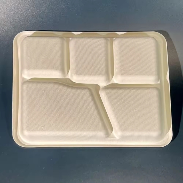 จานกระดาษ ถาดอาหารสี่เหลี่ยมผืนผ้า 5 ช่อง จานชานอ้อย ย่อยสลายได้ สีครีม 10.4นิ้ว