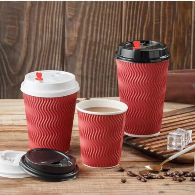 แก้วกาแฟร้อน แก้วกระดาษ แก้วกาแฟสีแดง ลายเส้น 8oz/12oz/14oz/16oz