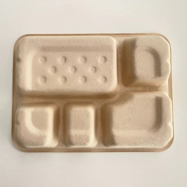 ถาดอาหารกระดาษสี่เหลี่ยมผืนผ้าก้นลึก ถาดอาหาร 5 ช่อง ย่อยสลายได้ สีครีม 11นิ้ว