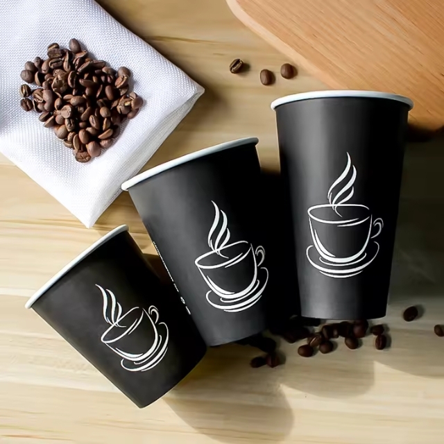 แก้วกาแฟร้อน แก้วกระดาษ แก้วกาแฟสีดำ พิมพ์ลาย และ ฝาปิด 8oz/12oz/14oz/16oz/22oz