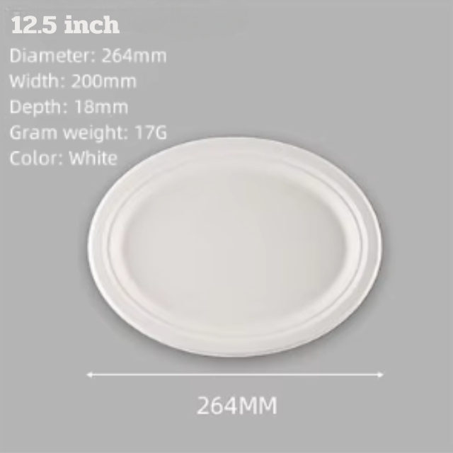 จานอาหารกระดาษ จานอาหารวงรี จานอาหารชานอ้อย ย่อยสลายได้ สีขาว 12.5นิ้ว