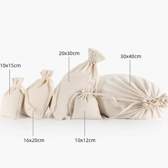 ถุงผ้าดิบมีหูรูด กระเป๋าผ้าหูรูด สีเบจ ขนาด  15*20/20*25/30*35/35*40 cm 