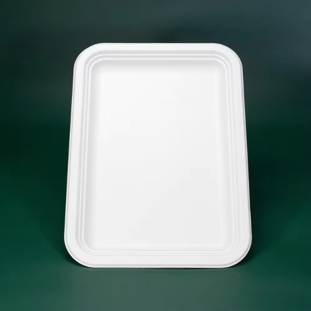 จานอาหารกระดาษสี่เหลี่ยม ถาดอาหารจานอาหารชานอ้อย ย่อยสลายได้ สีขาว 14นิ้ว