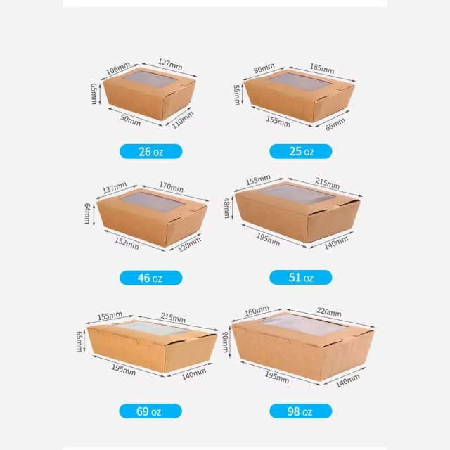 กล่องกระดาษคราฟท์ กล่องใส่อาหารกลางวัน ที่มีหน้าต่าง PP PET 25oz/26oz/46oz/51oz/69oz/98oz