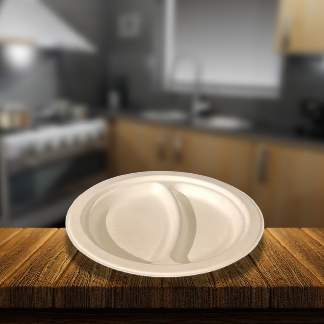 จานกระดาษ ถาดอาหาร 2 หลุม จานชานอ้อย ย่อยสลายได้ สีครีม 9นิ้ว