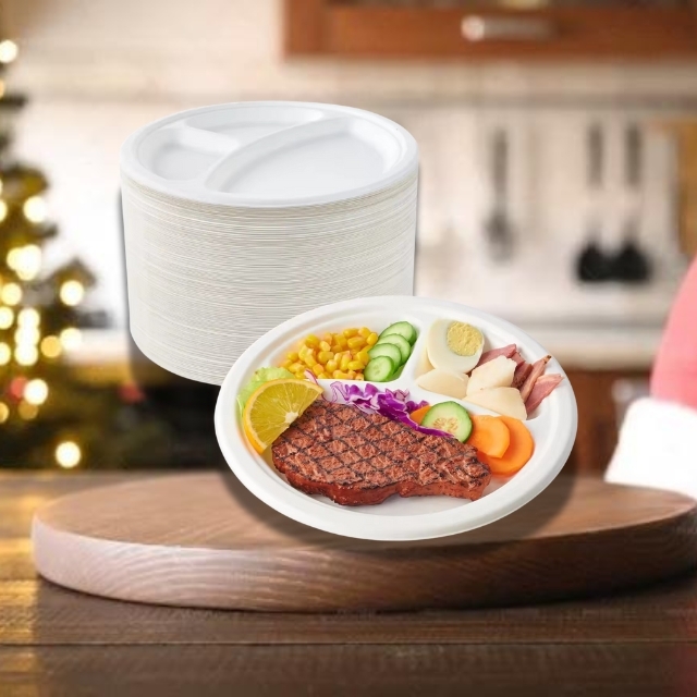 จานกระดาษ ถาดอาหาร 3 ช่อง จานชานอ้อย ย่อยสลายได้ สีขาว 10นิ้ว