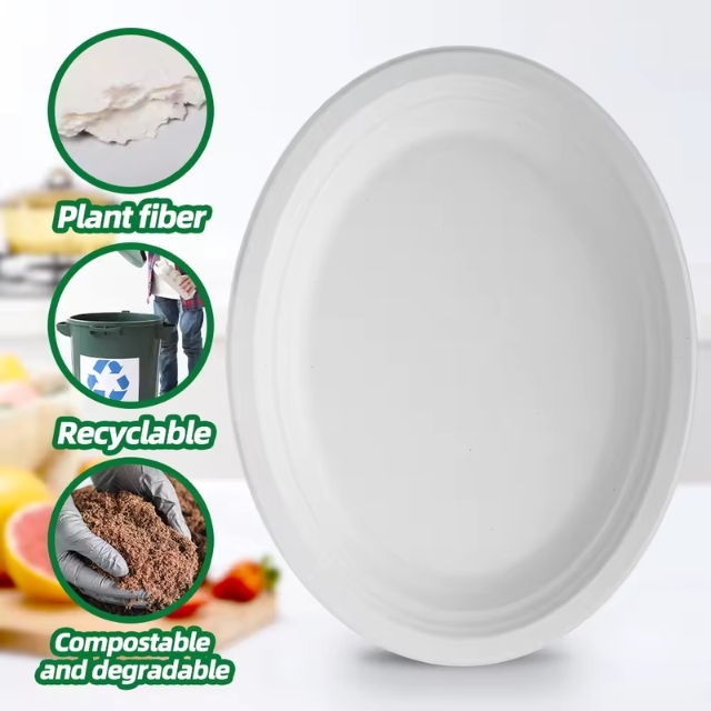 จานอาหารกระดาษ จานอาหารวงรี จานอาหารชานอ้อย ย่อยสลายได้ สีขาว 12.5นิ้ว