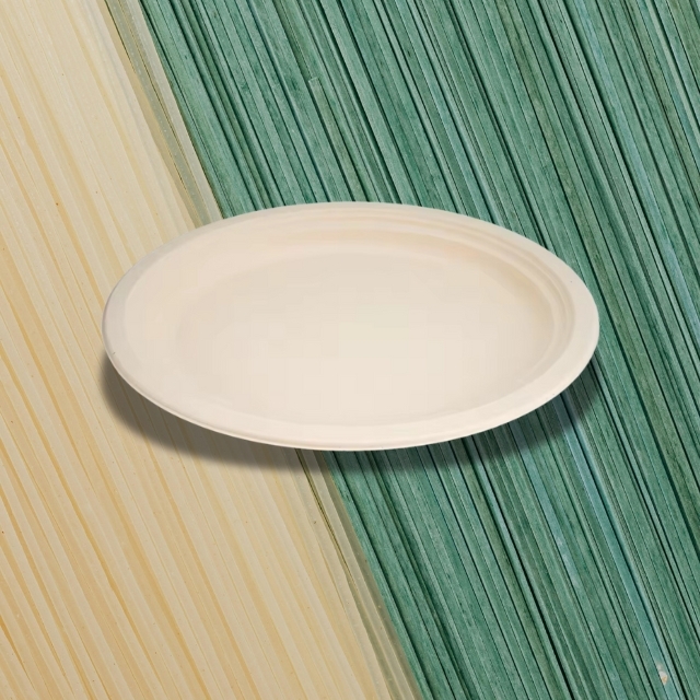 จานอาหารกระดาษ จานอาหารวงรี จานอาหารชานอ้อย ย่อยสลายได้ สีครีม 12.5นิ้ว