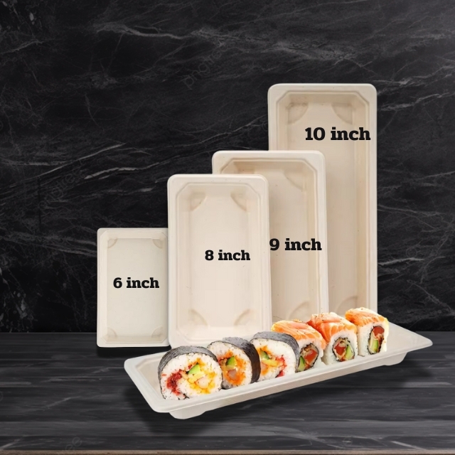 ถาดซูชิกระดาษ ถาดอาหารสี่เหลี่ยม ย่อยสลายได้ สีครีม 6นิ้ว/8นิ้ว/9นิ้ว/10นิ้ว