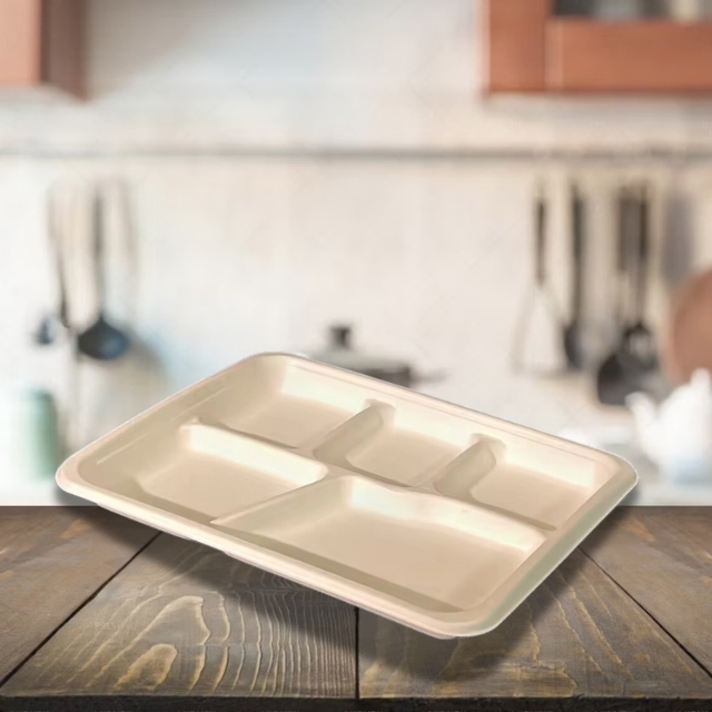 จานกระดาษ ถาดอาหารสี่เหลี่ยมผืนผ้า 5 ช่อง จานชานอ้อย ย่อยสลายได้ สีครีม 10.4นิ้ว