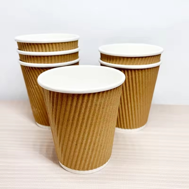 แก้วกาแฟร้อน แก้วกระดาษคราฟท์ ลายเส้น และ ฝาปิด 8oz/12oz/16oz