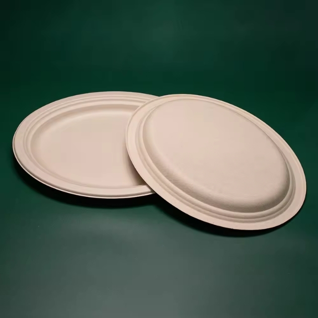 จานอาหารกระดาษ จานอาหารวงรี จานอาหารชานอ้อย ย่อยสลายได้ สีครีม 12.5นิ้ว