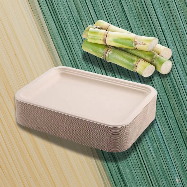 จานอาหารกระดาษสี่เหลี่ยม ถาดอาหารจานอาหารชานอ้อย ย่อยสลายได้ สีครีม 14นิ้ว