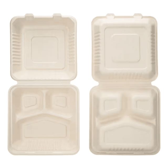 กล่องอาหารกระดาษฝาปิด กล่องอาหาร 3 หลุม  กล่องข้าวชานอ้อย สีครีม